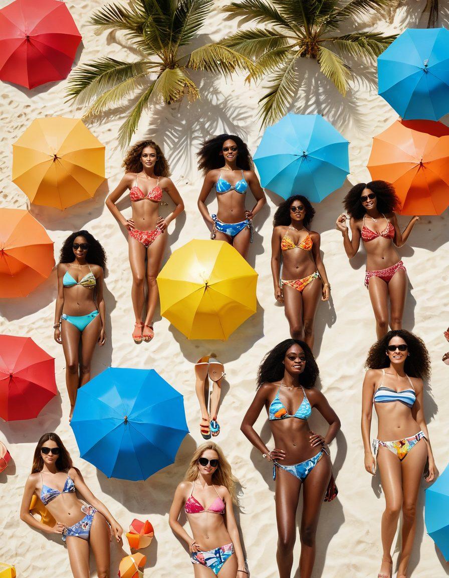 A sun-kissed beach scene featuring diverse models showcasing the latest bikini trends and beachwear styles, complete with vibrant beach umbrellas, crystal-clear waves, and colorful beach accessories. The atmosphere should evoke a sense of fun and relaxation, with palm trees swaying in the gentle breeze. Emphasize bright colors and playful patterns in the swimwear to capture the essence of summer. super-realistic. vibrant colors. warm tones.